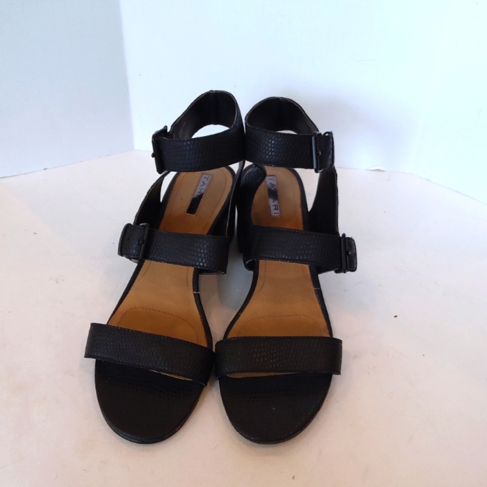 TAHARI black leather sandals snake print